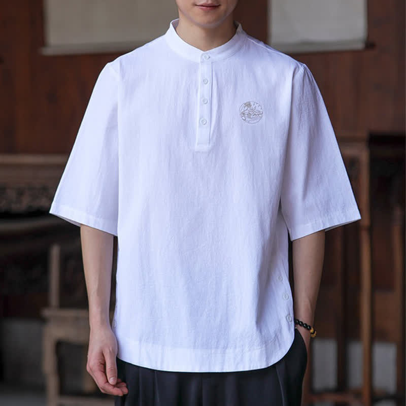Buddha Stones Lässige Sommerhemden im Tang-Stil mit Stehkragen, einfarbig, Kurzarm, für Herren - Weiß - US/UK/AU46, EU56 (5XL) - image 19