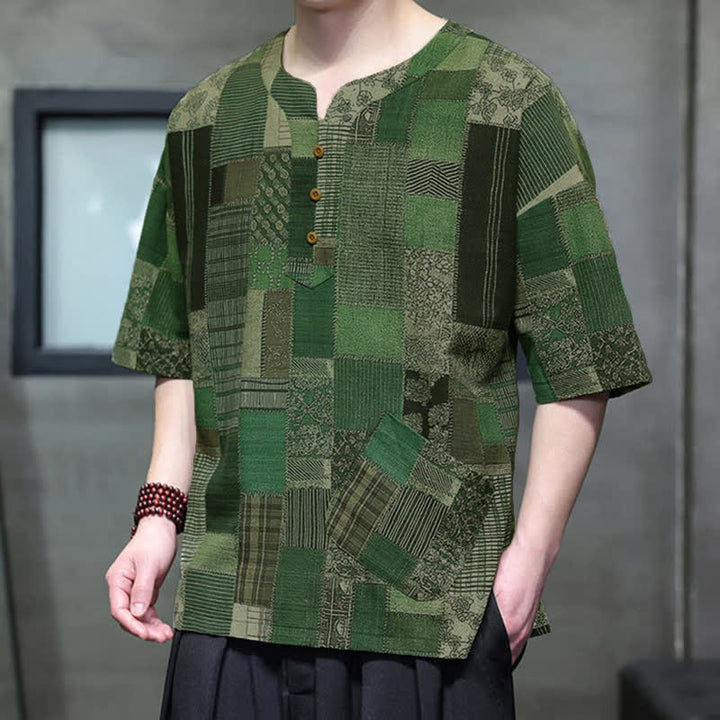 Buddha Stones Lässiges Sommerhemd für Herren im Boho-Stil mit Patchwork-Karo-Design, kurzen Ärmeln und aufgesetzter Tasche - Waldgrün - US/UK/AU46, EU56 (5XL) - image 0