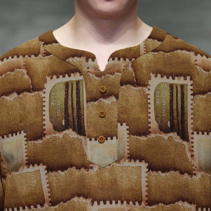 Buddha Stones Lässiges Sommerhemd für Herren im Boho-Stil mit Patchwork-Karo-Design, kurzen Ärmeln und aufgesetzter Tasche - image 18