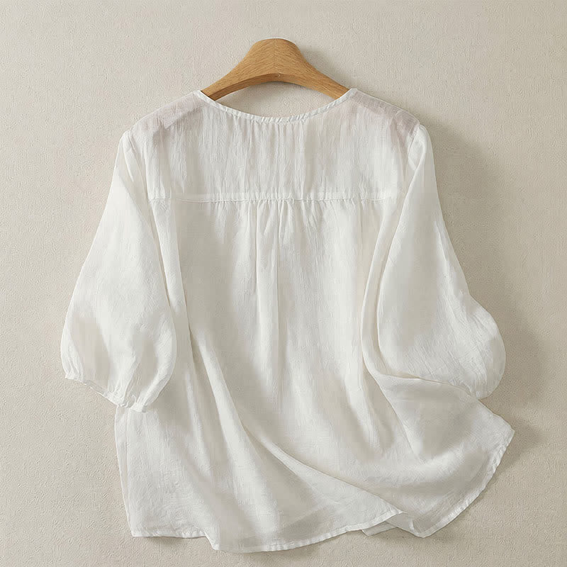 Buddha Stones Lässiges Vintage-T-Shirt für Damen mit Rundhalsausschnitt, Stickerei und Dreiviertelärmeln für Frühling und Sommer - image 16