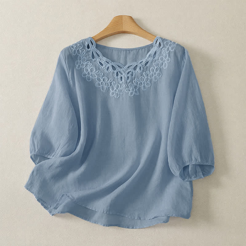 Buddha Stones Lässiges Vintage-T-Shirt für Damen mit Rundhalsausschnitt, Stickerei und Dreiviertelärmeln für Frühling und Sommer - Hellblau - US12, UK/AU16, EU44 (2XL) - image 5