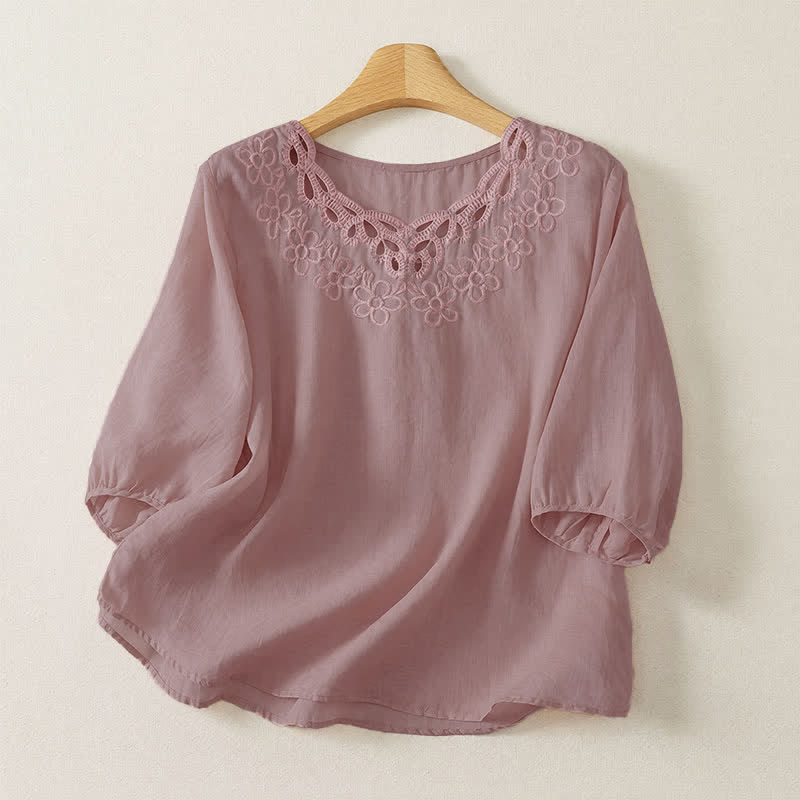 Buddha Stones Lässiges Vintage-T-Shirt für Damen mit Rundhalsausschnitt, Stickerei und Dreiviertelärmeln für Frühling und Sommer - Rosa - US12, UK/AU16, EU44 (2XL) - image 10