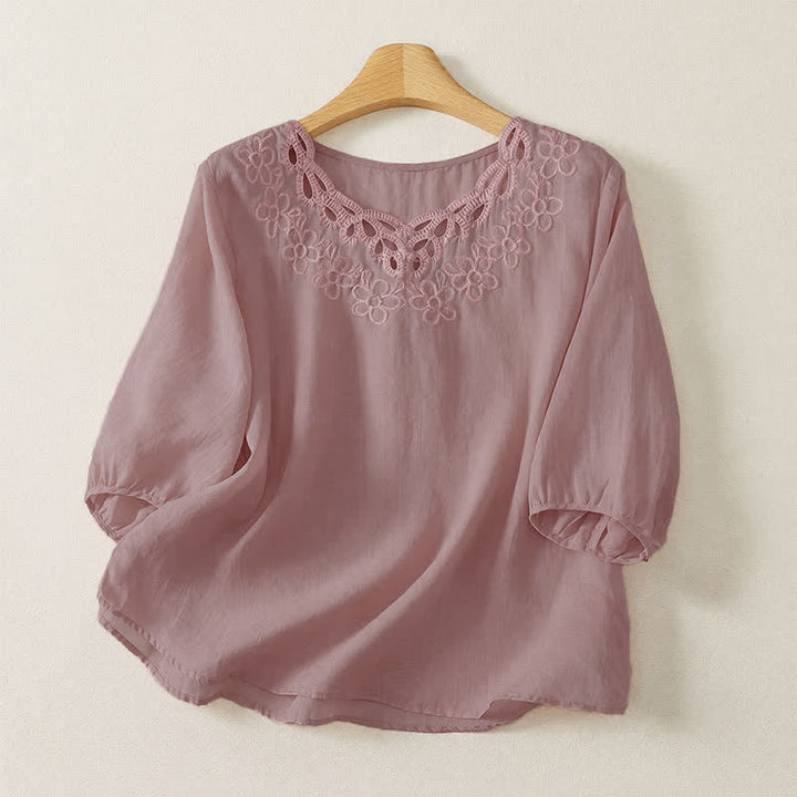 Buddha Stones Lässiges Vintage-T-Shirt für Damen mit Rundhalsausschnitt, Stickerei und Dreiviertelärmeln für Frühling und Sommer - Rosa - US12, UK/AU16, EU44 (2XL) - image 10