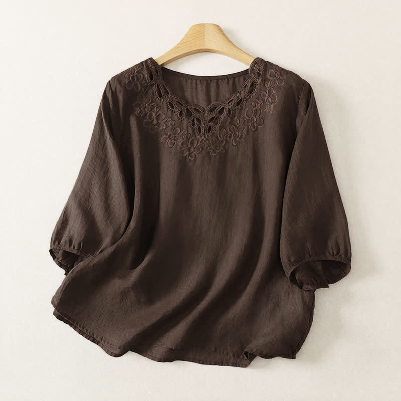 Buddha Stones Lässiges Vintage-T-Shirt für Damen mit Rundhalsausschnitt, Stickerei und Dreiviertelärmeln für Frühling und Sommer - Sattelbraun - US12, UK/AU16, EU44 (2XL) - image 0