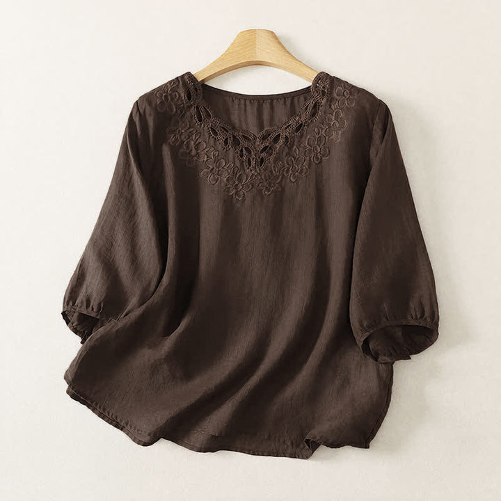 Buddha Stones Lässiges Vintage-T-Shirt für Damen mit Rundhalsausschnitt, Stickerei und Dreiviertelärmeln für Frühling und Sommer - Sattelbraun - US12, UK/AU16, EU44 (2XL) - image 0