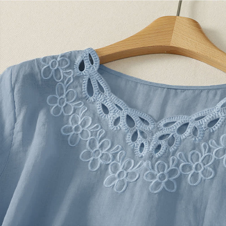 Buddha Stones Lässiges Vintage-T-Shirt für Damen mit Rundhalsausschnitt, Stickerei und Dreiviertelärmeln für Frühling und Sommer - image 6