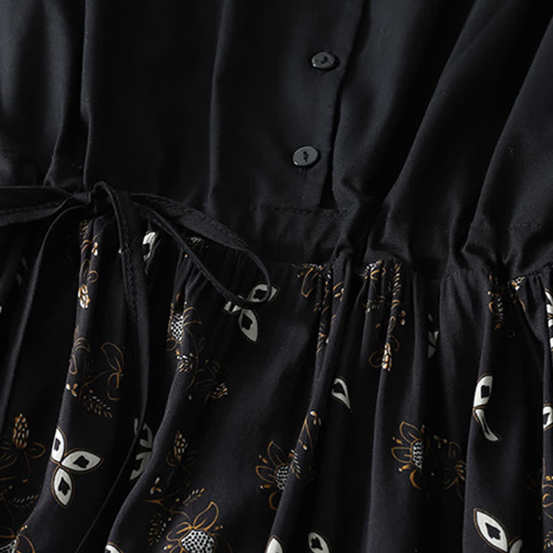 Buddha Stones Lässiges, kurzes Damenkleid im Vintage-Stil mit Knopfleiste, Kordelzug, Blumenmuster, kurzen Ärmeln und Tasche für Frühling und Sommer. - image 13