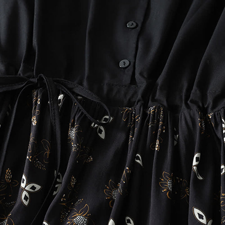 Buddha Stones Lässiges, kurzes Damenkleid im Vintage-Stil mit Knopfleiste, Kordelzug, Blumenmuster, kurzen Ärmeln und Tasche für Frühling und Sommer. - image 13