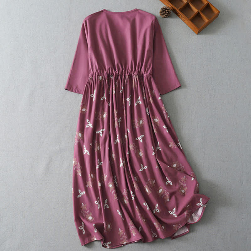 Buddha Stones Lässiges, kurzes Damenkleid im Vintage-Stil mit Knopfleiste, Kordelzug, Blumenmuster, kurzen Ärmeln und Tasche für Frühling und Sommer. - image 1
