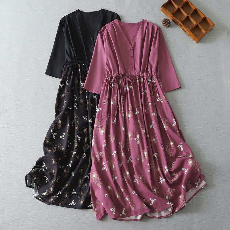 Buddha Stones Lässiges, kurzes Damenkleid im Vintage-Stil mit Knopfleiste, Kordelzug, Blumenmuster, kurzen Ärmeln und Tasche für Frühling und Sommer. - image 15