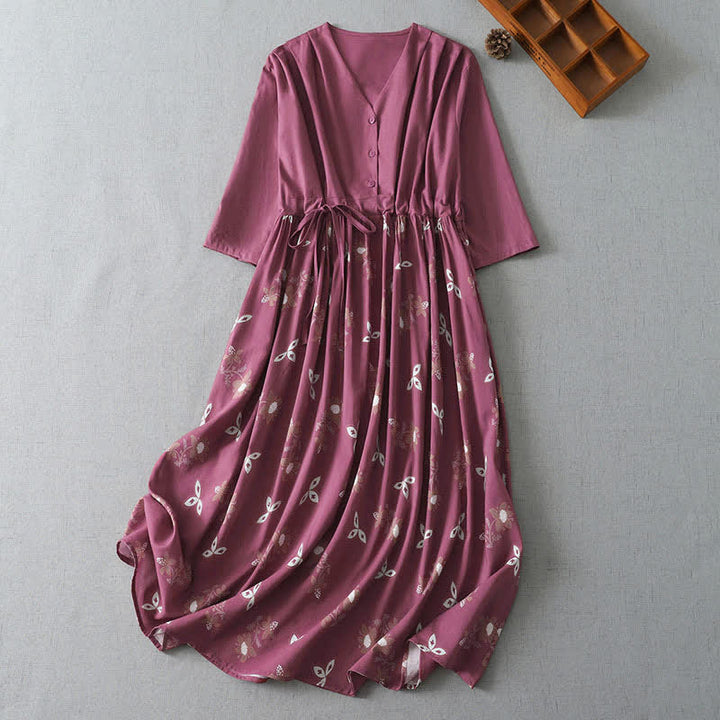 Buddha Stones Lässiges, kurzes Damenkleid im Vintage-Stil mit Knopfleiste, Kordelzug, Blumenmuster, kurzen Ärmeln und Tasche für Frühling und Sommer. - Blassviolettrot - US12, UK/AU16, EU44 (2XL) - image 0