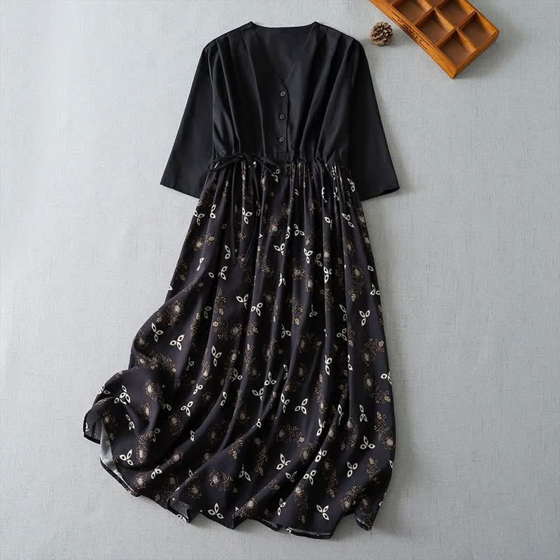 Buddha Stones Lässiges, kurzes Damenkleid im Vintage-Stil mit Knopfleiste, Kordelzug, Blumenmuster, kurzen Ärmeln und Tasche für Frühling und Sommer. - Schwarz - US12, UK/AU16, EU44 (2XL) - image 11