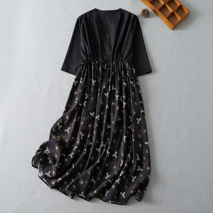 Buddha Stones Lässiges, kurzes Damenkleid im Vintage-Stil mit Knopfleiste, Kordelzug, Blumenmuster, kurzen Ärmeln und Tasche für Frühling und Sommer. - Schwarz - US12, UK/AU16, EU44 (2XL) - image 11