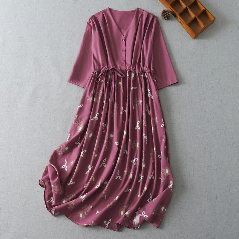 Buddha Stones Lässiges, kurzes Damenkleid im Vintage-Stil mit Knopfleiste, Kordelzug, Blumenmuster, kurzen Ärmeln und Tasche für Frühling und Sommer. - Blassviolettrot - US12, UK/AU16, EU44 (2XL) - image 0