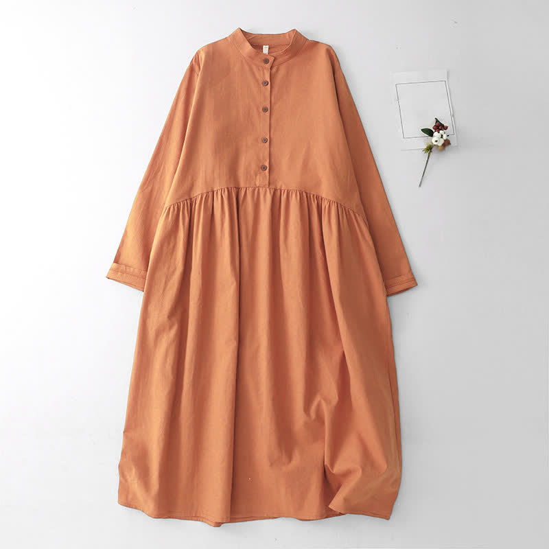 Buddha Stones Lässiges, einfarbiges Damenkleid mit langen Ärmeln und Taschen im Tang-Stil mit Stehkragen für Frühling und Herbst - SandyBrown - US12, UK/AU16, EU44 (2XL) - image 11