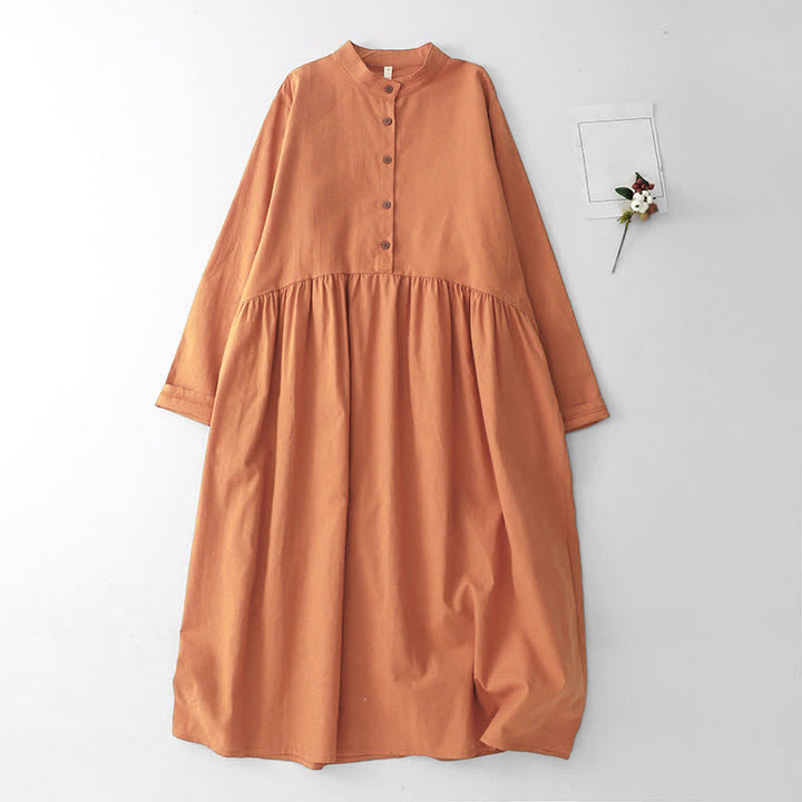 Buddha Stones Lässiges, einfarbiges Damenkleid mit langen Ärmeln und Taschen im Tang-Stil mit Stehkragen für Frühling und Herbst - SandyBrown - US12, UK/AU16, EU44 (2XL) - image 11