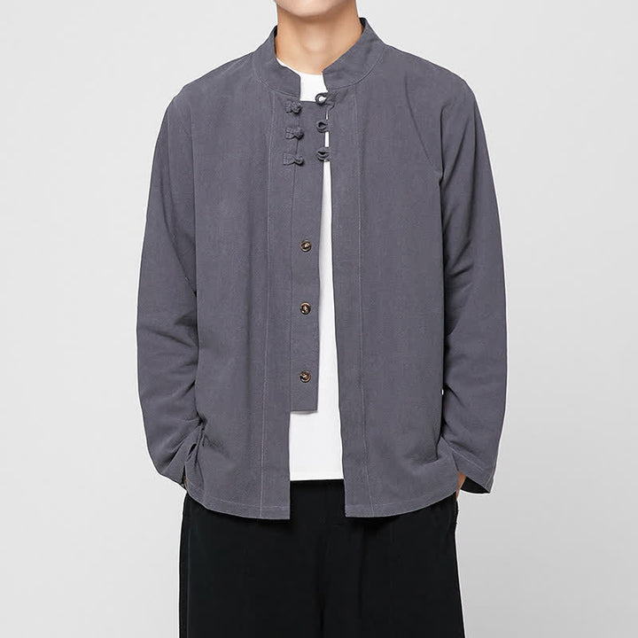 Buddha Stones Frühling Herbst Tang Style Minimalist Mandarin Collar Frog Button Solid Herren Langarmhemden - Schiefergrau - US/ UK/AU46, EU56 (5XL) - image 0