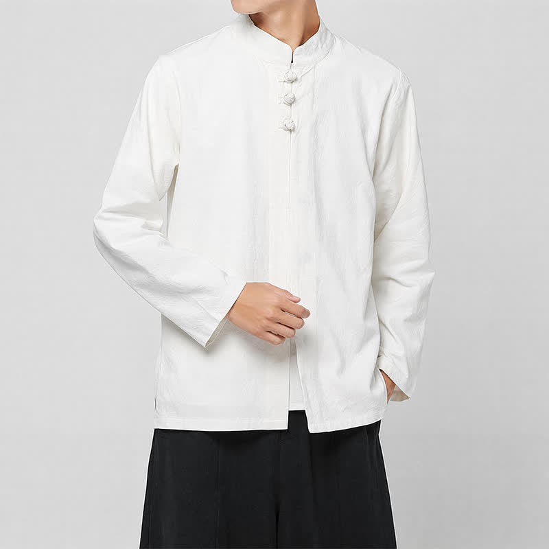 Buddha Stones Frühling Herbst Tang Style Minimalist Mandarin Collar Frog Button Solid Herren Langarmhemden - image 14