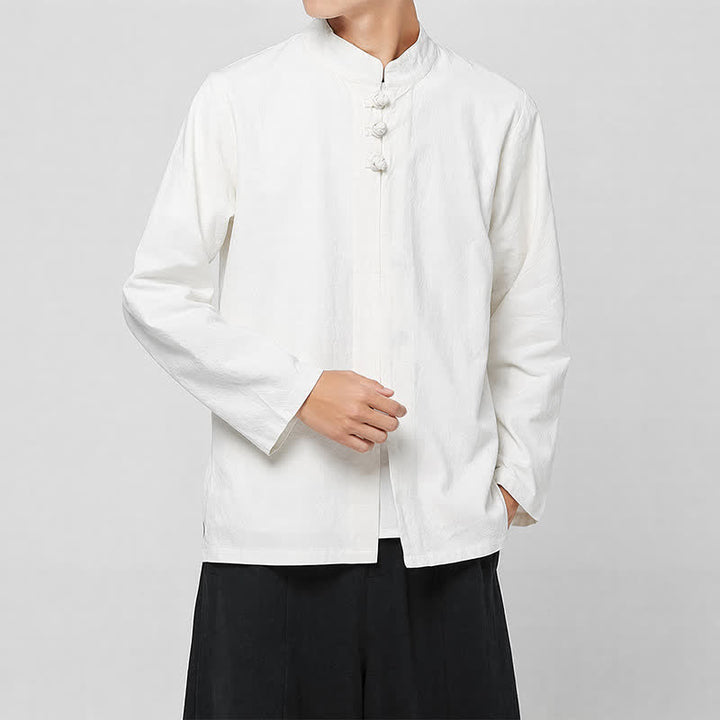 Buddha Stones Frühling Herbst Tang Style Minimalist Mandarin Collar Frog Button Solid Herren Langarmhemden - image 14