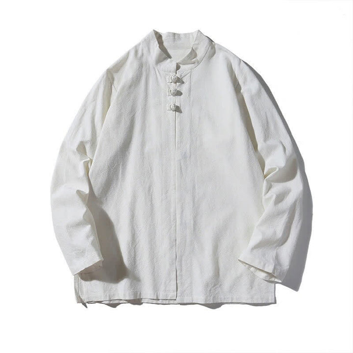 Buddha Stones Frühling Herbst Tang Style Minimalist Mandarin Collar Frog Button Solid Herren Langarmhemden - image 17