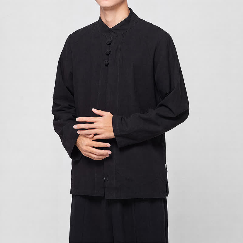 Buddha Stones Frühling Herbst Tang Style Minimalist Mandarin Collar Frog Button Solid Herren Langarmhemden - image 12