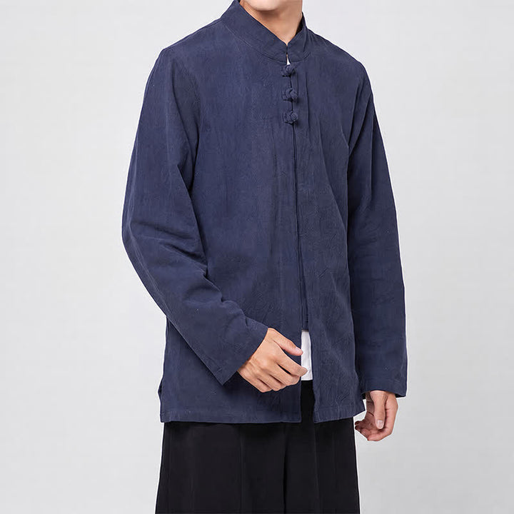 Buddha Stones Frühling Herbst Tang Style Minimalist Mandarin Collar Frog Button Solid Herren Langarmhemden - image 7