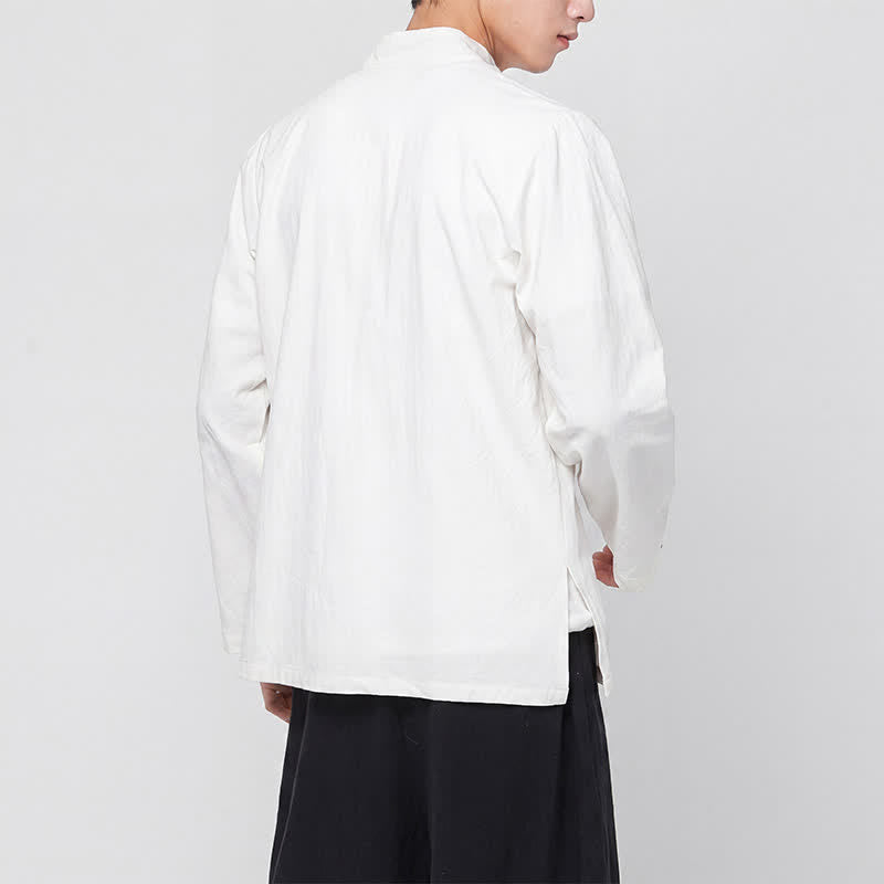 Buddha Stones Frühling Herbst Tang Style Minimalist Mandarin Collar Frog Button Solid Herren Langarmhemden - image 16