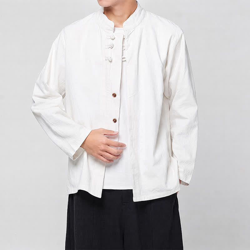 Buddha Stones Frühling Herbst Tang Style Minimalist Mandarin Collar Frog Button Solid Herren Langarmhemden - Weiß - US/ UK/AU46, EU56 (5XL) - image 13
