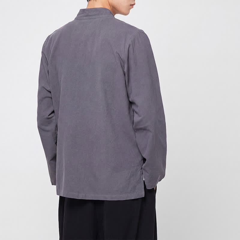 Buddha Stones Frühling Herbst Tang Style Minimalist Mandarin Collar Frog Button Solid Herren Langarmhemden - image 4