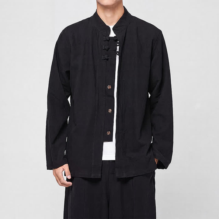 Buddha Stones Frühling Herbst Tang Style Minimalist Mandarin Collar Frog Button Solid Herren Langarmhemden - Schwarz - US/ UK/AU46, EU56 (5XL) - image 9