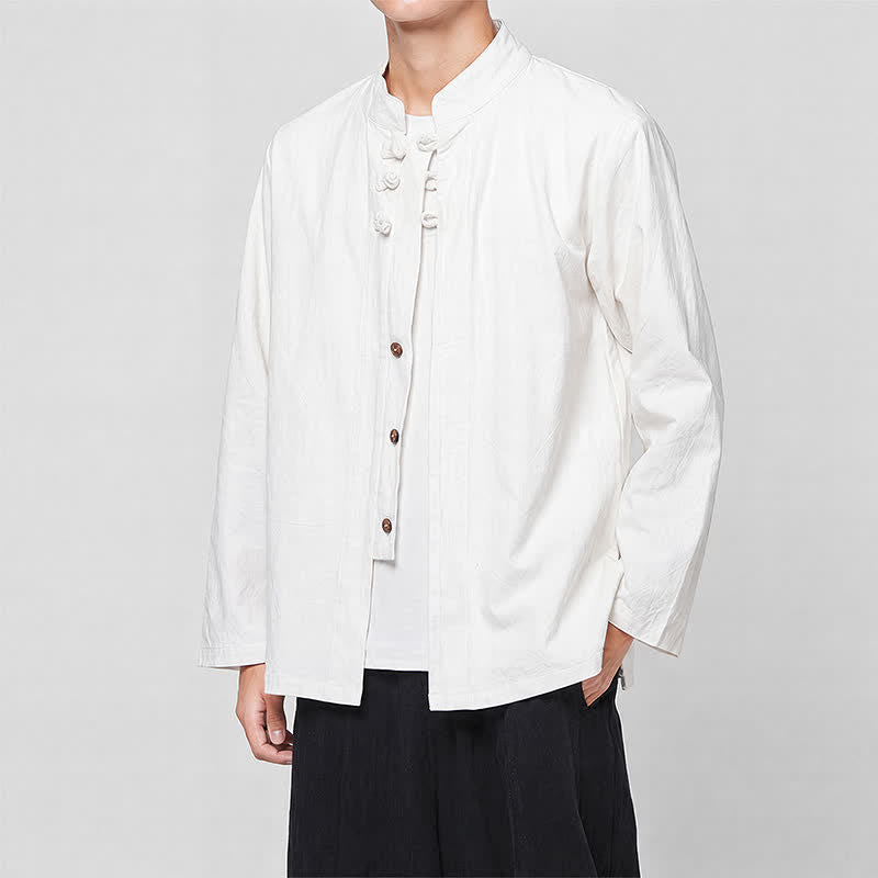 Buddha Stones Frühling Herbst Tang Style Minimalist Mandarin Collar Frog Button Solid Herren Langarmhemden - image 15