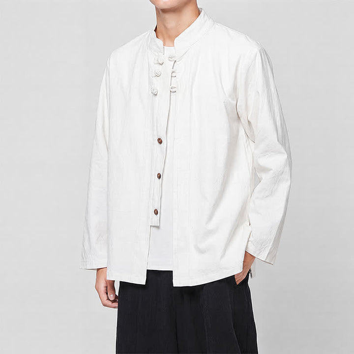 Buddha Stones Frühling Herbst Tang Style Minimalist Mandarin Collar Frog Button Solid Herren Langarmhemden - image 15