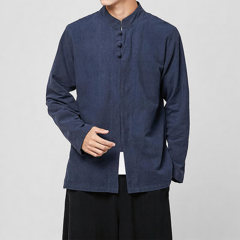 Buddha Stones Frühling Herbst Tang Style Minimalist Mandarin Collar Frog Button Solid Herren Langarmhemden - Marine - US/ UK/AU46, EU56 (5XL) - image 5