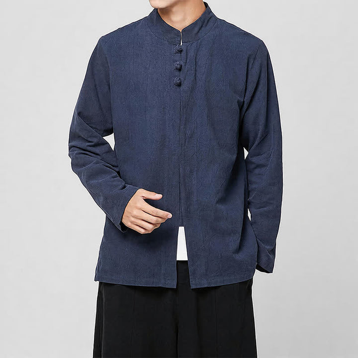 Buddha Stones Frühling Herbst Tang Style Minimalist Mandarin Collar Frog Button Solid Herren Langarmhemden - Marine - US/ UK/AU46, EU56 (5XL) - image 5