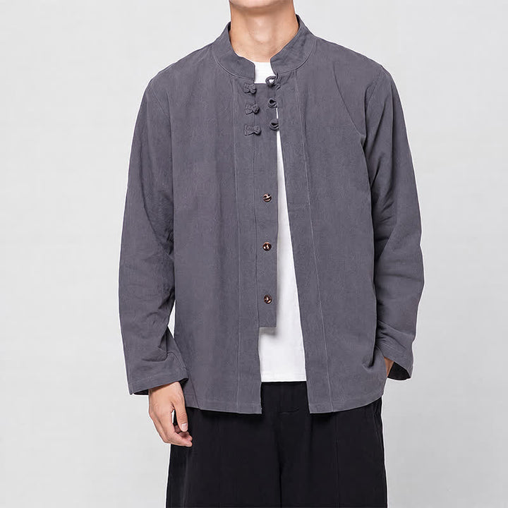 Buddha Stones Frühling Herbst Tang Style Minimalist Mandarin Collar Frog Button Solid Herren Langarmhemden - image 2