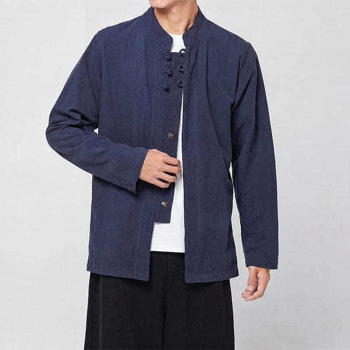 Buddha Stones Frühling Herbst Tang Style Minimalist Mandarin Collar Frog Button Solid Herren Langarmhemden - image 6