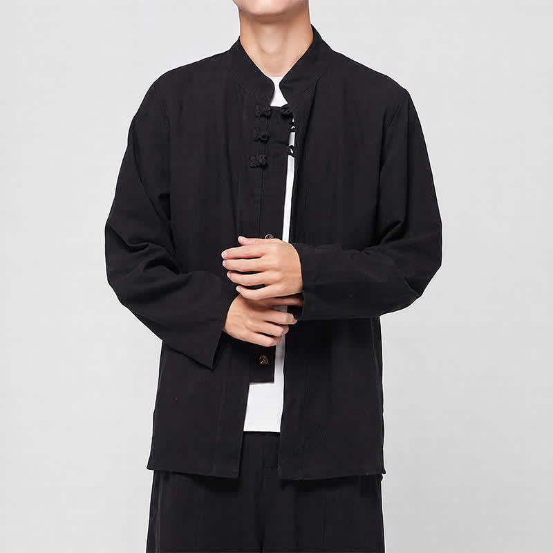 Buddha Stones Frühling Herbst Tang Style Minimalist Mandarin Collar Frog Button Solid Herren Langarmhemden - image 11