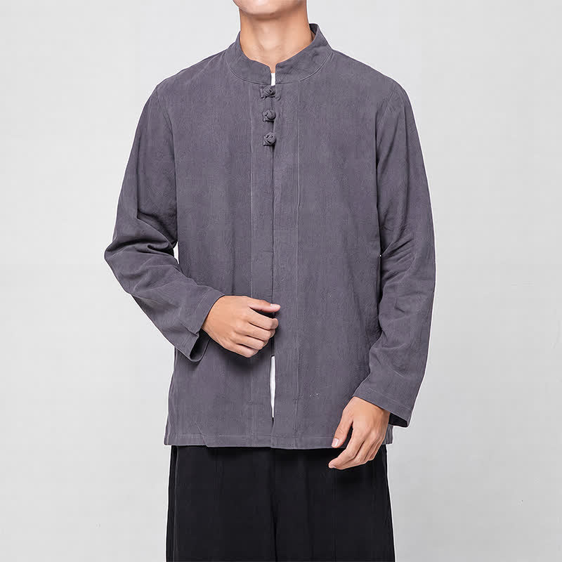 Buddha Stones Frühling Herbst Tang Style Minimalist Mandarin Collar Frog Button Solid Herren Langarmhemden - image 3
