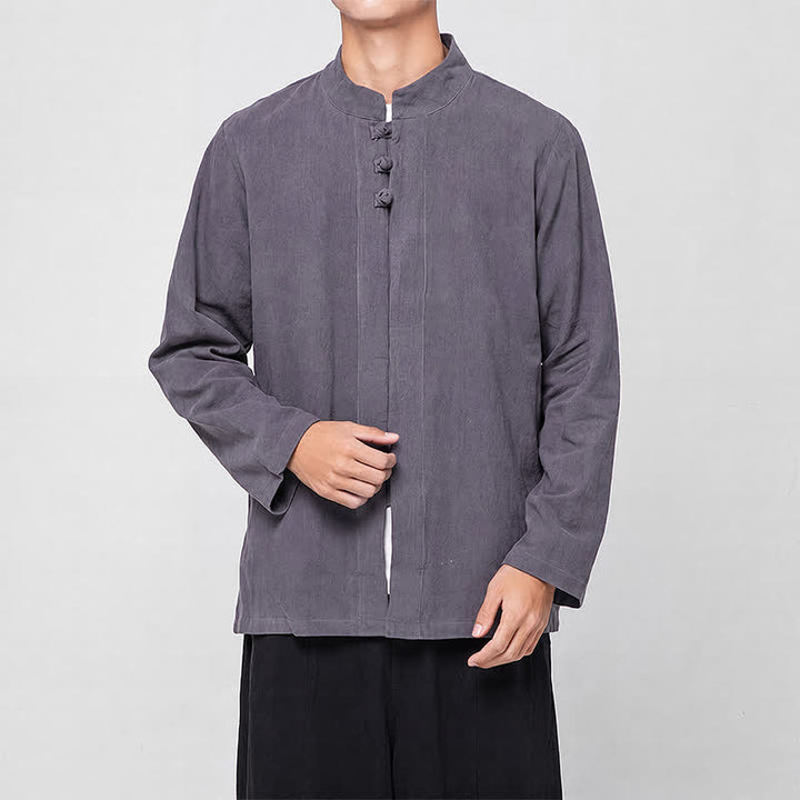 Buddha Stones Frühling Herbst Tang Style Minimalist Mandarin Collar Frog Button Solid Herren Langarmhemden - image 3