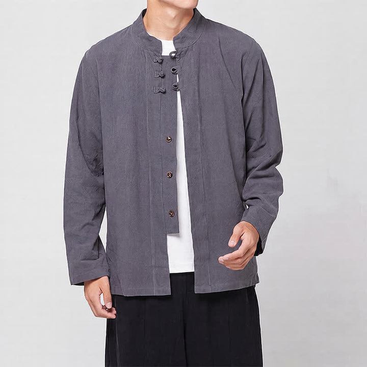 Buddha Stones Frühling Herbst Tang Style Minimalist Mandarin Collar Frog Button Solid Herren Langarmhemden - image 1