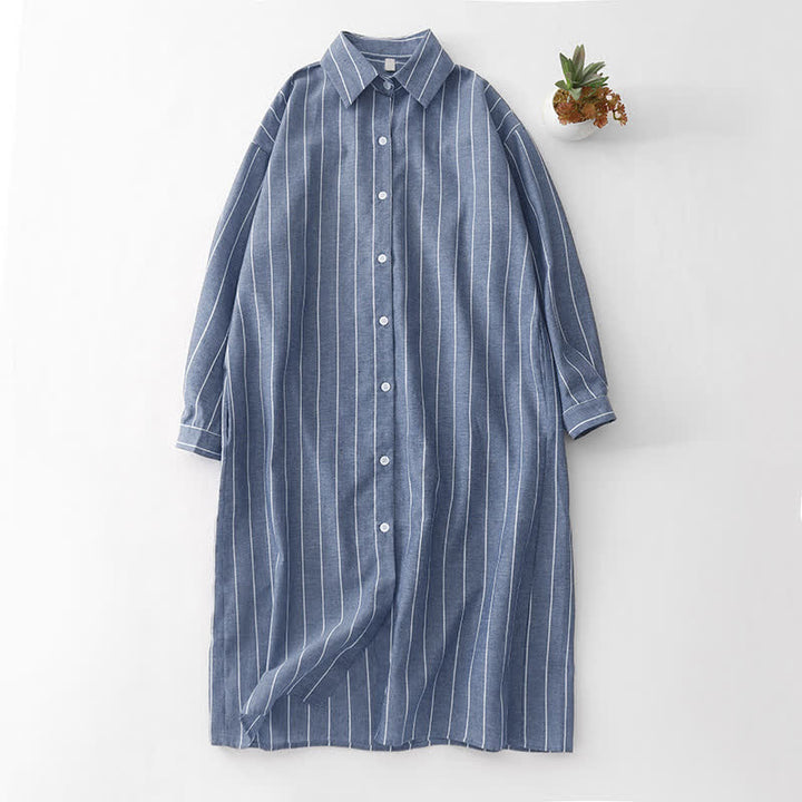 Buddha Stones Lässige, minimalistische, gestreifte Langarmkleider für Damen mit Knopfleiste für den Frühling - Schiefergrau - US12, UK/AU16, EU44 (2XL) - image 9