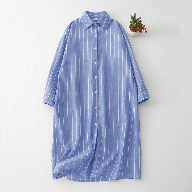 Buddha Stones Lässige, minimalistische, gestreifte Langarmkleider für Damen mit Knopfleiste für den Frühling - Hellstahlblau - US12, UK/AU16, EU44 (2XL) - image 0