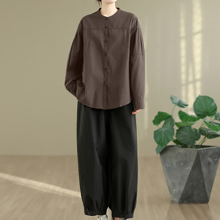 Buddha Stones Minimalistische Langarmblusen im Tang-Stil für Frühling und Herbst mit Stehkragen, einfarbig, für Damen, einfarbig, langärmlig - image 5