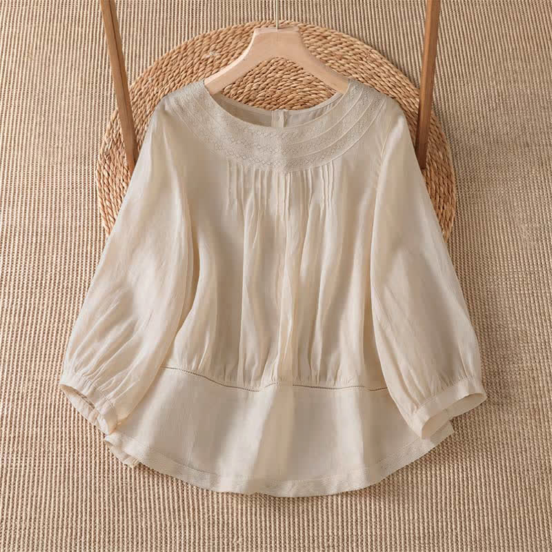 Buddha Stones Lässiges, elegantes Langarm-T-Shirt für Damen mit Stickerei für Frühling und Sommer - Antikweiß - US12, UK/AU16, EU44 (2XL) - image 0