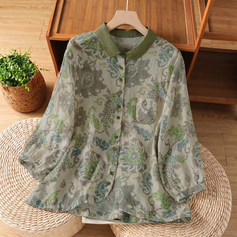 Buddha Stones Lässige Vintage-Damenbluse mit Blumenmuster, Knopfleiste und Tasche für Frühling und Sommer - Dunkelmeergrün - US8-10, UK/AU12-14, EU40-42 (2XL) - image 0