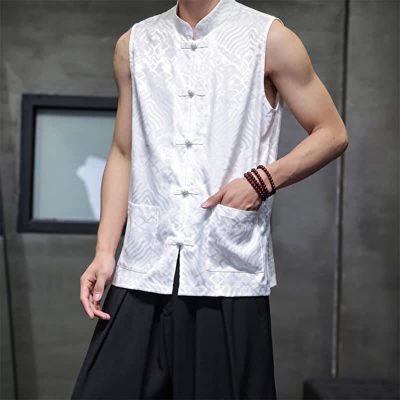 Buddha Stones Sommerliches Tanktop im Tang-Stil mit Stehkragen, Froschknopfleiste und abstraktem Meereswellenmuster, ärmellos, mit Tasche für Herren - image 19