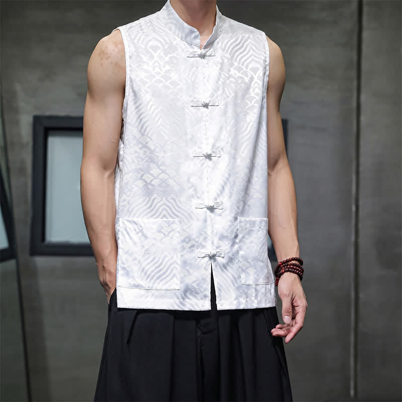 Buddha Stones Sommerliches Tanktop im Tang-Stil mit Stehkragen, Froschknopfleiste und abstraktem Meereswellenmuster, ärmellos, mit Tasche für Herren - image 18