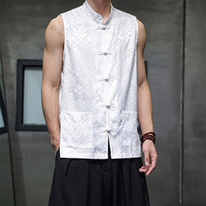Buddha Stones Sommerliches Tanktop im Tang-Stil mit Stehkragen, Froschknopfleiste und abstraktem Meereswellenmuster, ärmellos, mit Tasche für Herren - image 18