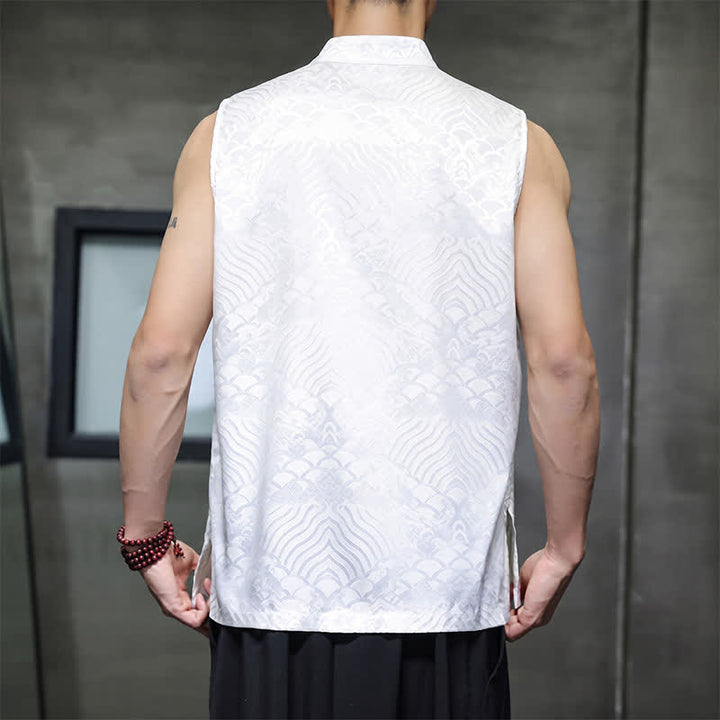 Buddha Stones Sommerliches Tanktop im Tang-Stil mit Stehkragen, Froschknopfleiste und abstraktem Meereswellenmuster, ärmellos, mit Tasche für Herren - image 20