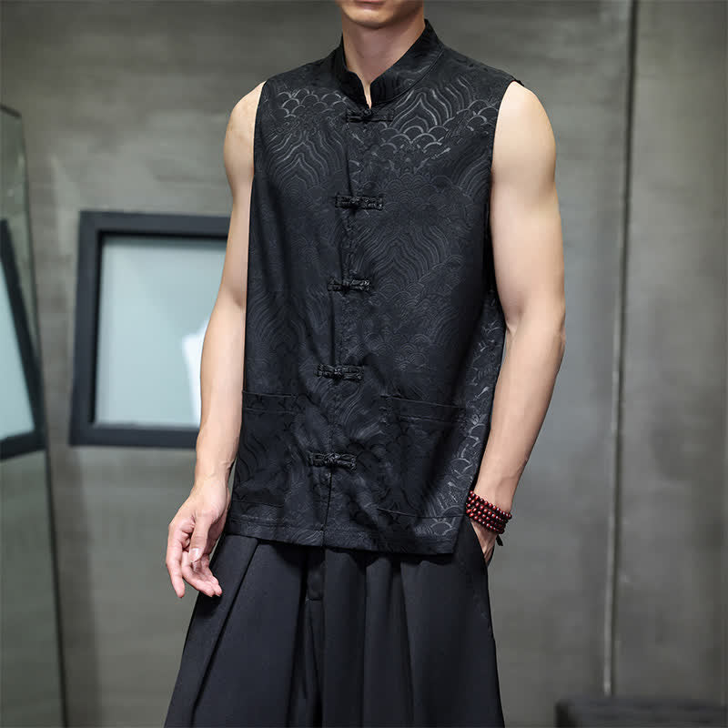Buddha Stones Sommerliches Tanktop im Tang-Stil mit Stehkragen, Froschknopfleiste und abstraktem Meereswellenmuster, ärmellos, mit Tasche für Herren - image 15